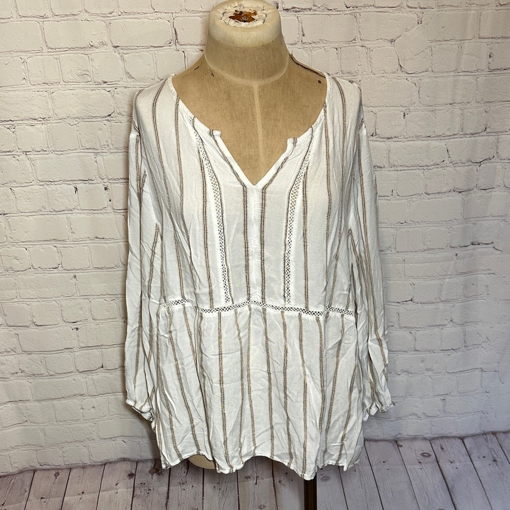 Fever Cream and Brown Striped Peasant Top Size XXL